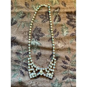 Aurora Borealis Rhinestone Bib Necklace Gold Tone Iridescent Glamour